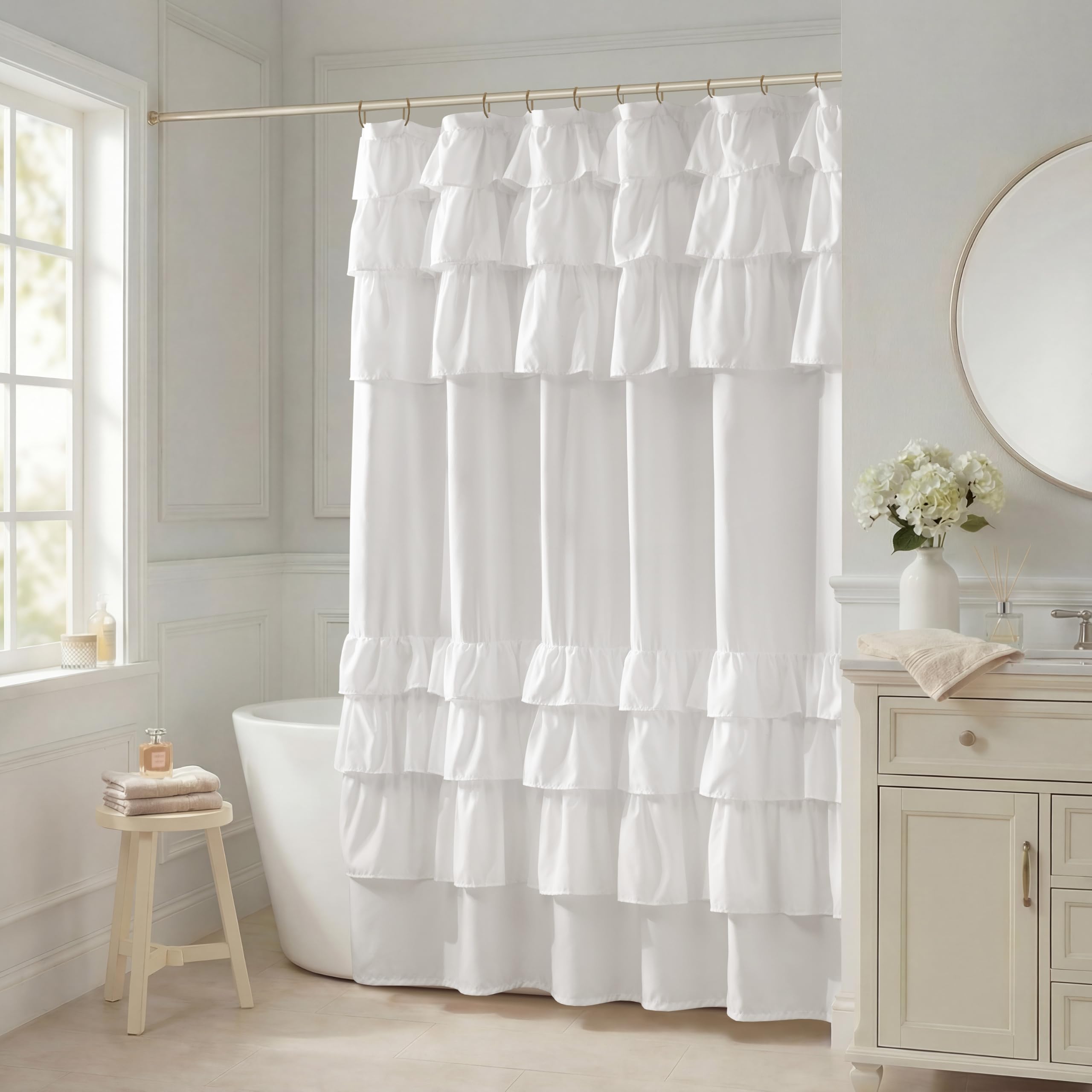Madison Park cortina frontal blanca con volantes para baño elegante