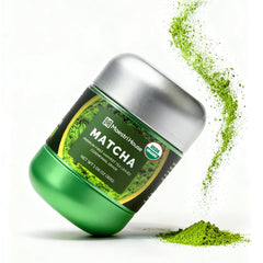 Maestri House lata frontal con matcha orgánico mostrando presentación resellable