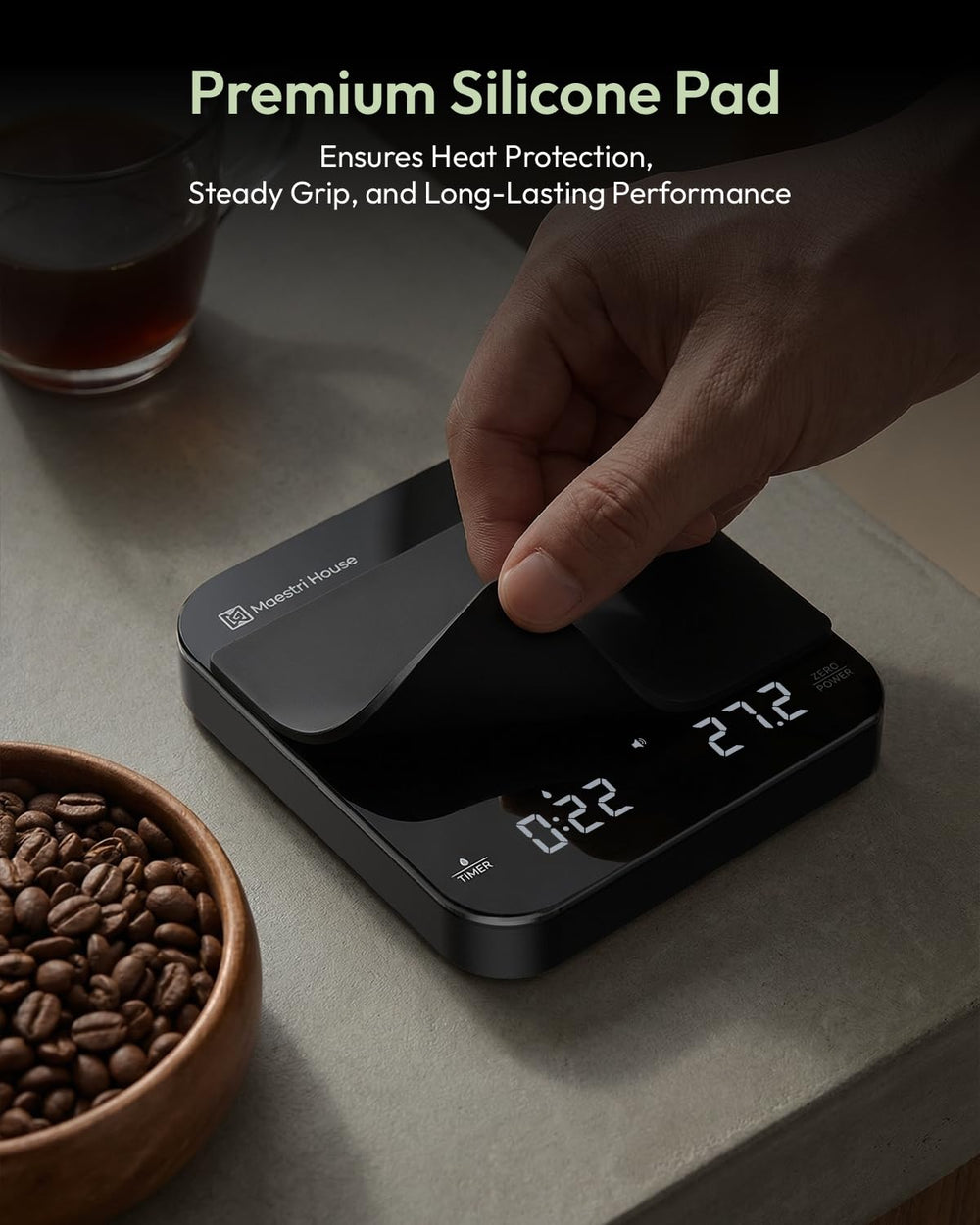 Maestri House S2 under a pour-over cone illustrating brew timing and weight tracking