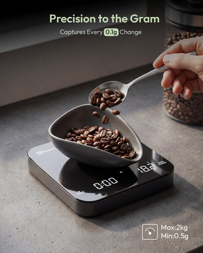 Maestri House scale next to coffee tamper for size comparison, travel convenience benefit
