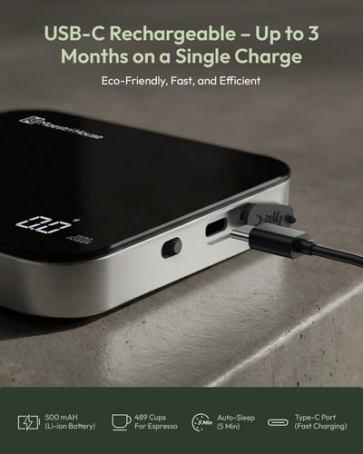 Maestri House USB‑C charging cable connected to scale, long battery life benefit