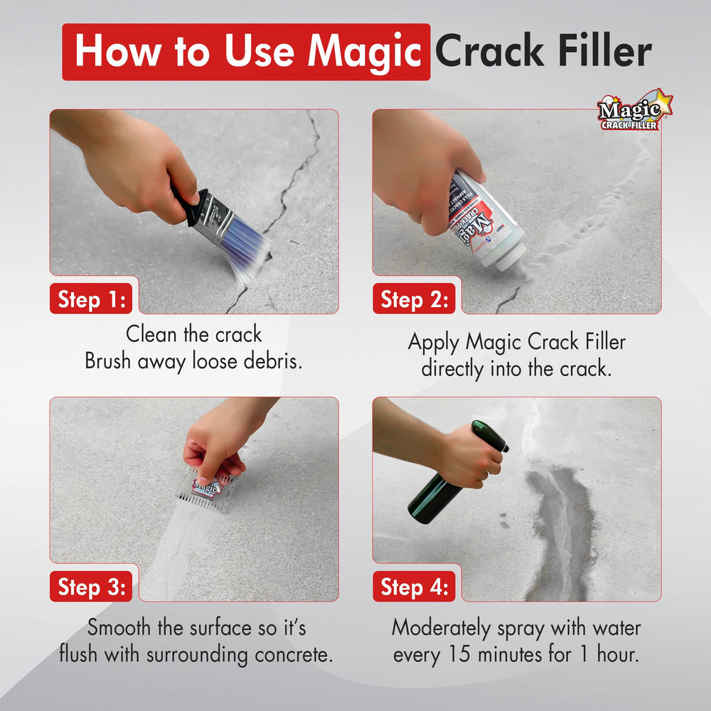 Magic Crack Filler en uso vertiendo polvo en una grieta de entrada, reparación eficiente