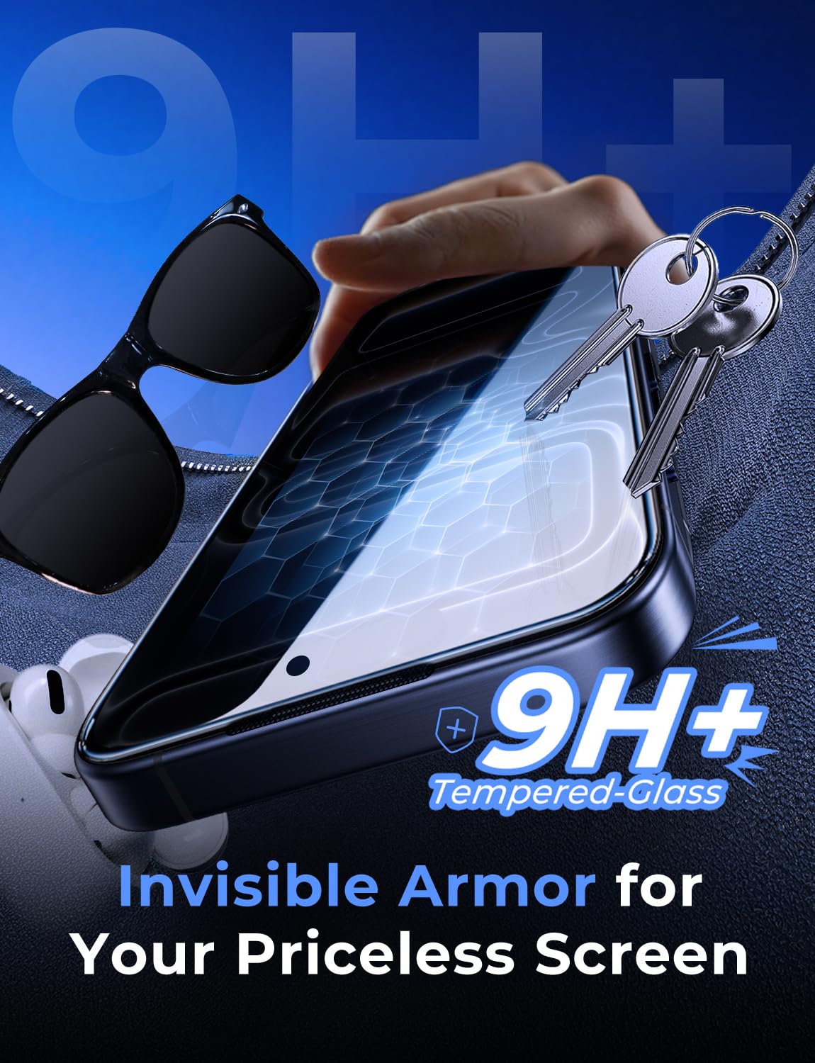 MAGIC JOHN protector colocado comparado con iPhone 17 Pro para escala precisa