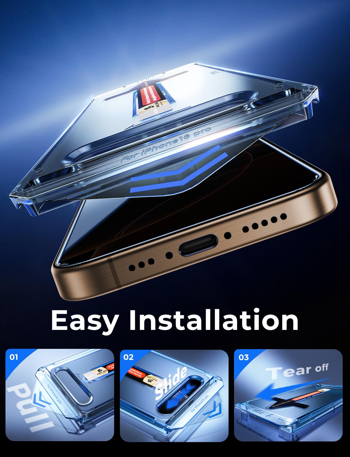MAGIC JOHN protector junto a un iPhone 16 Pro mostrando ajuste y tamaño exacto