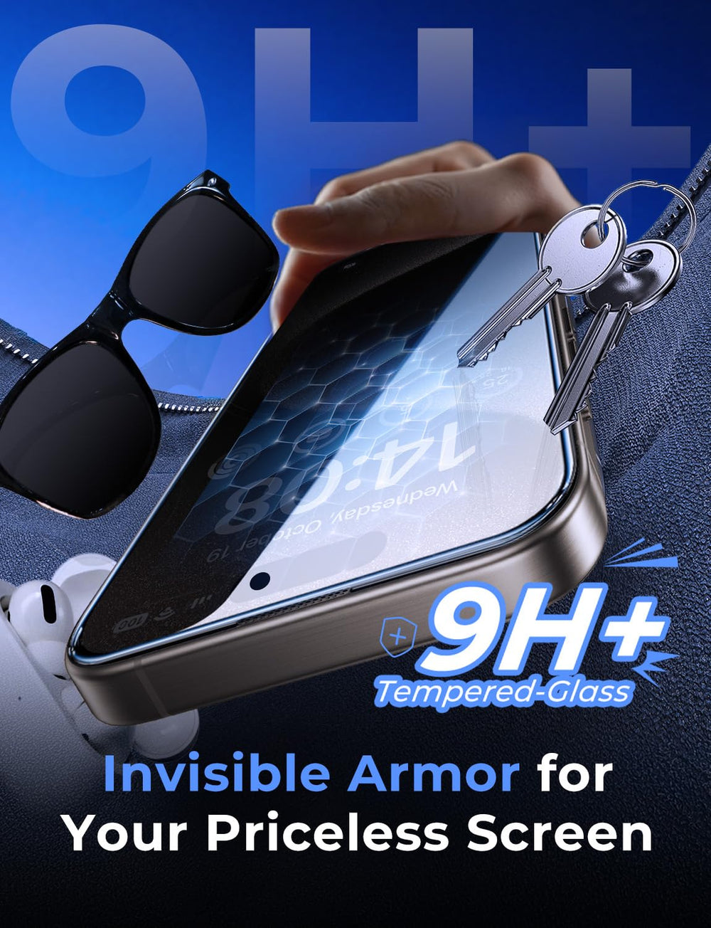MAGIC JOHN protector aplicado en iPhone 15 Pro Max mostrando pantalla limpia y privada
