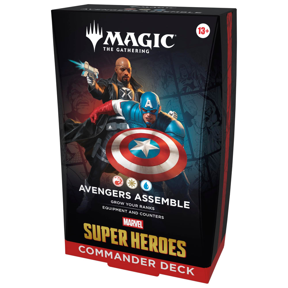 Magic: The Gathering Avengers Assemble deck box front showing Marvel artwork and ready-to-play benefits