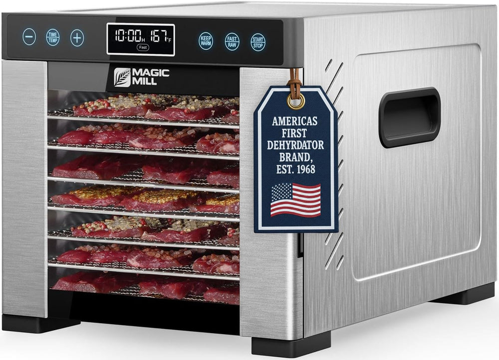 Magic Mill front view of stainless dehydrator showing durable build and even drying benefit