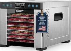Magic Mill front view of stainless dehydrator showing durable build and even drying benefit
