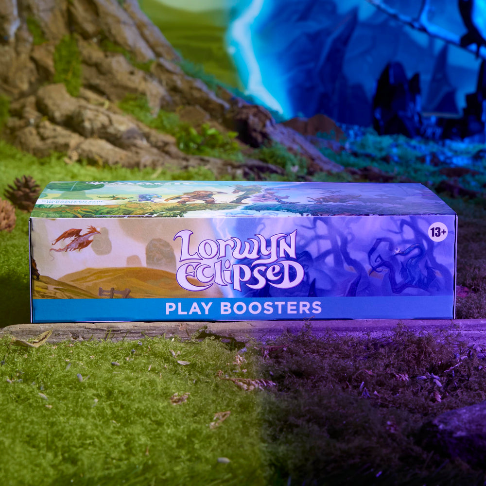 Magic: The Gathering box and ruler scale demonstrating Lorwyn Eclipsed box size and pack count