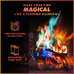 Magical Flames vivid multi-color flames over a campfire creating striking nighttime ambiance