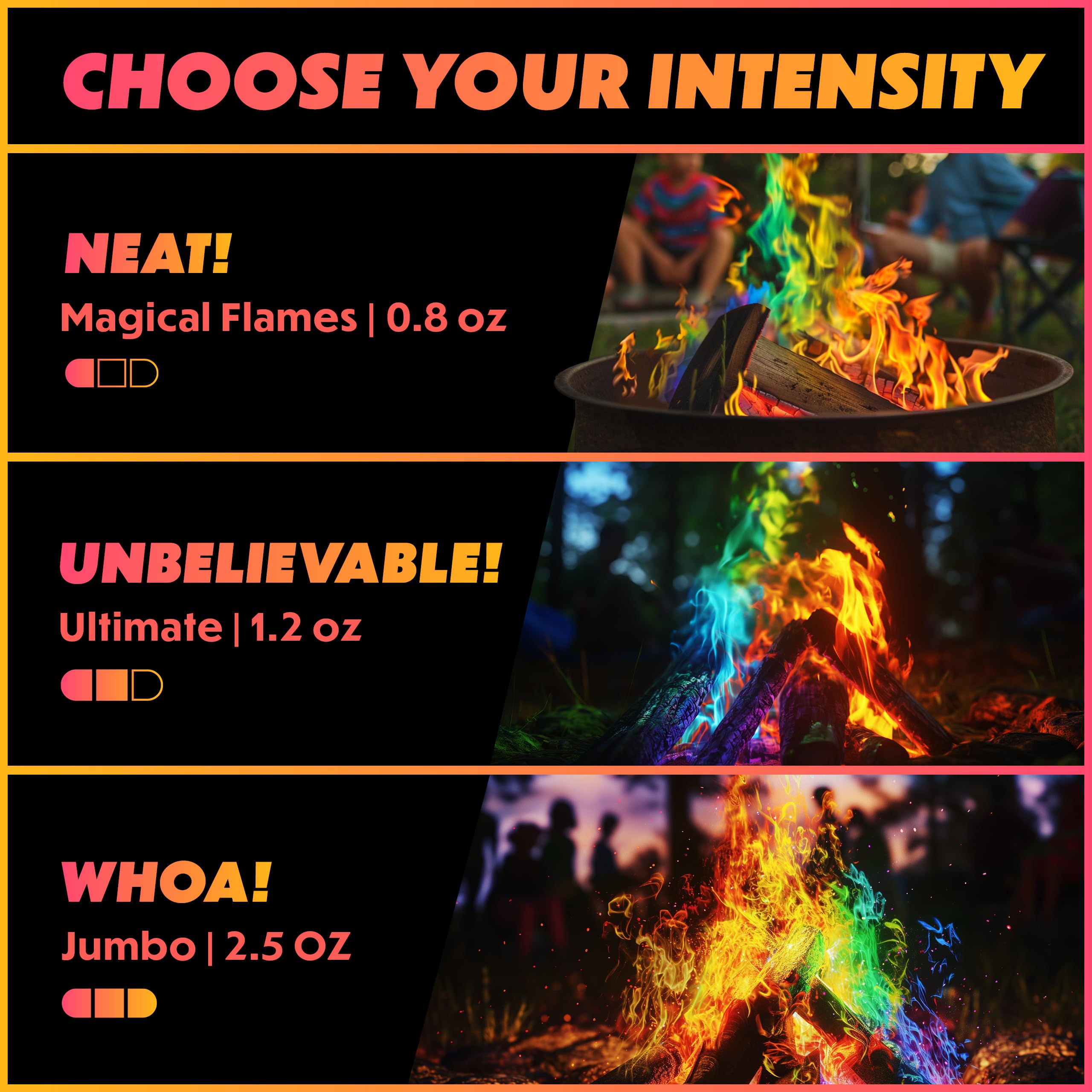 Magical Flames packet held next to a hand to show compact size and portability benefit