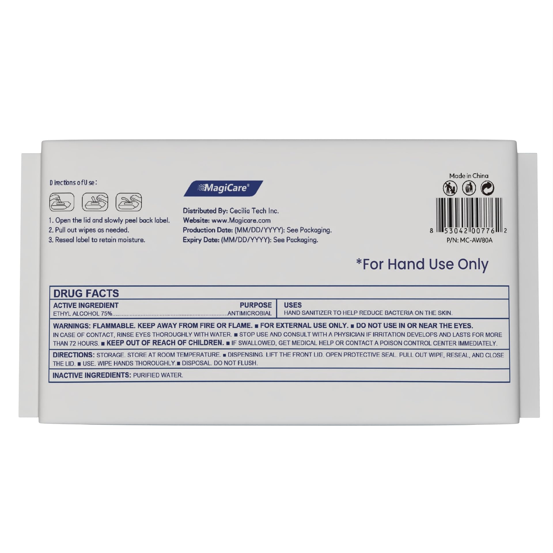 Open MagiCare pack with visible label showing 75% alcohol ingredient clarity