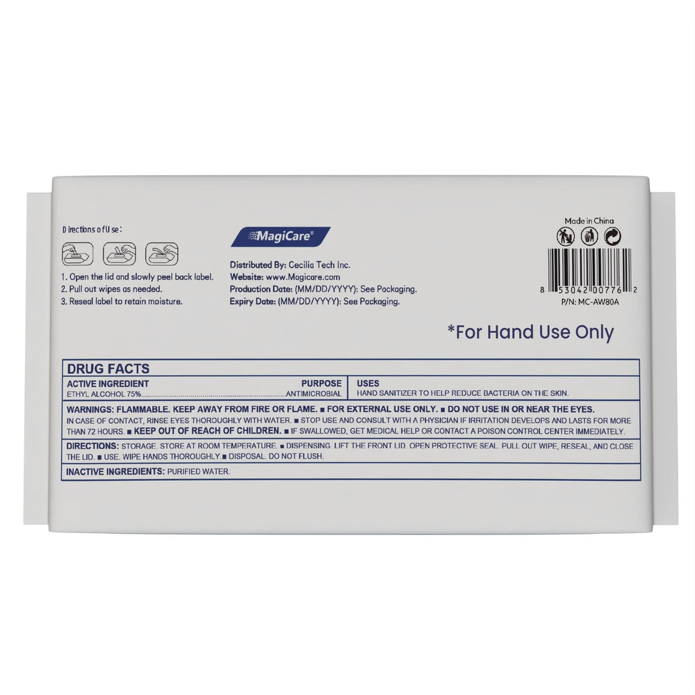 Open MagiCare pack with visible label showing 75% alcohol ingredient clarity