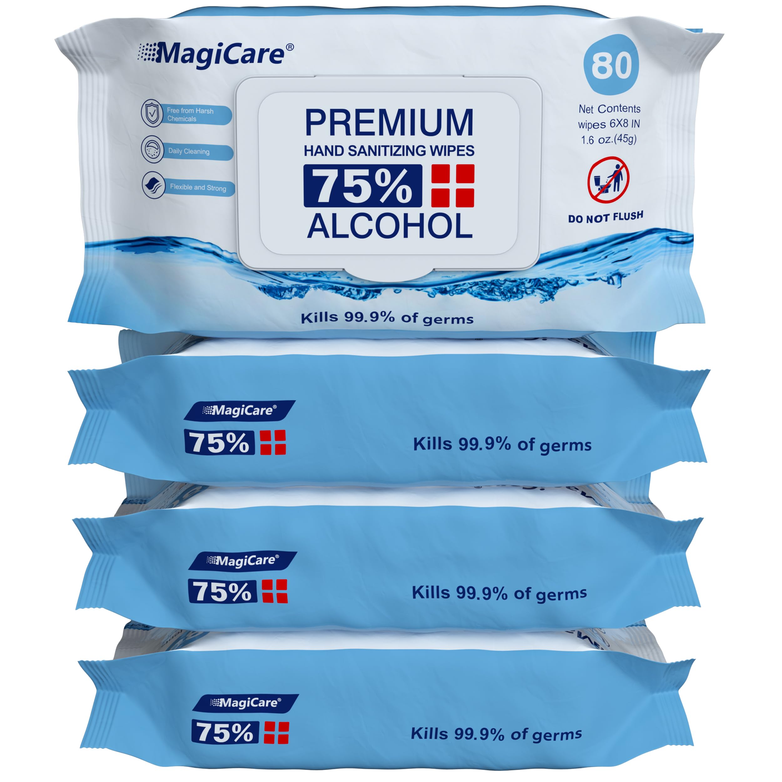 MagiCare front pack displaying four resealable 80-count packs and benefits