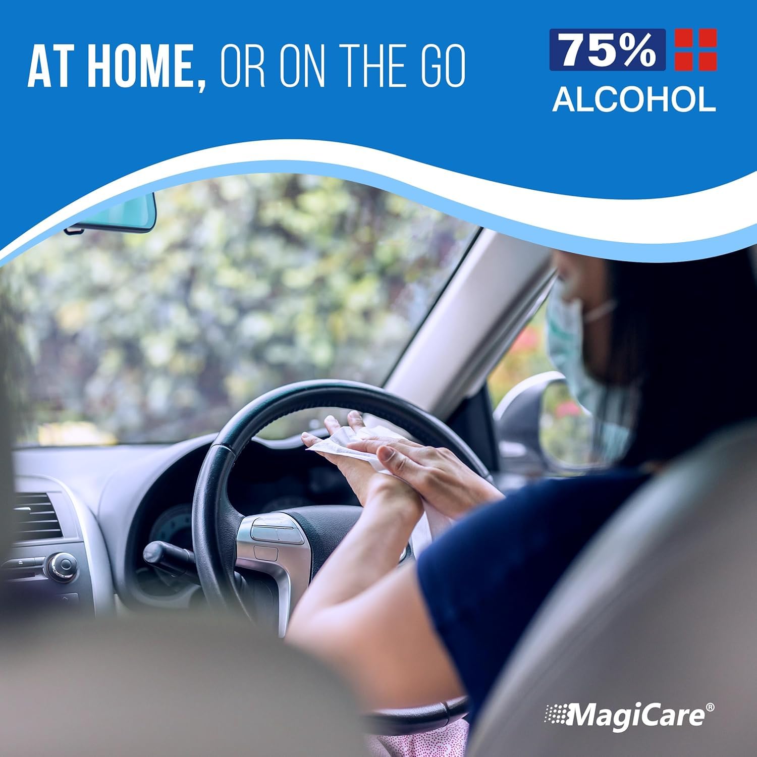 Hand pulling MagiCare wipe from pack demonstrating quick-clean convenience