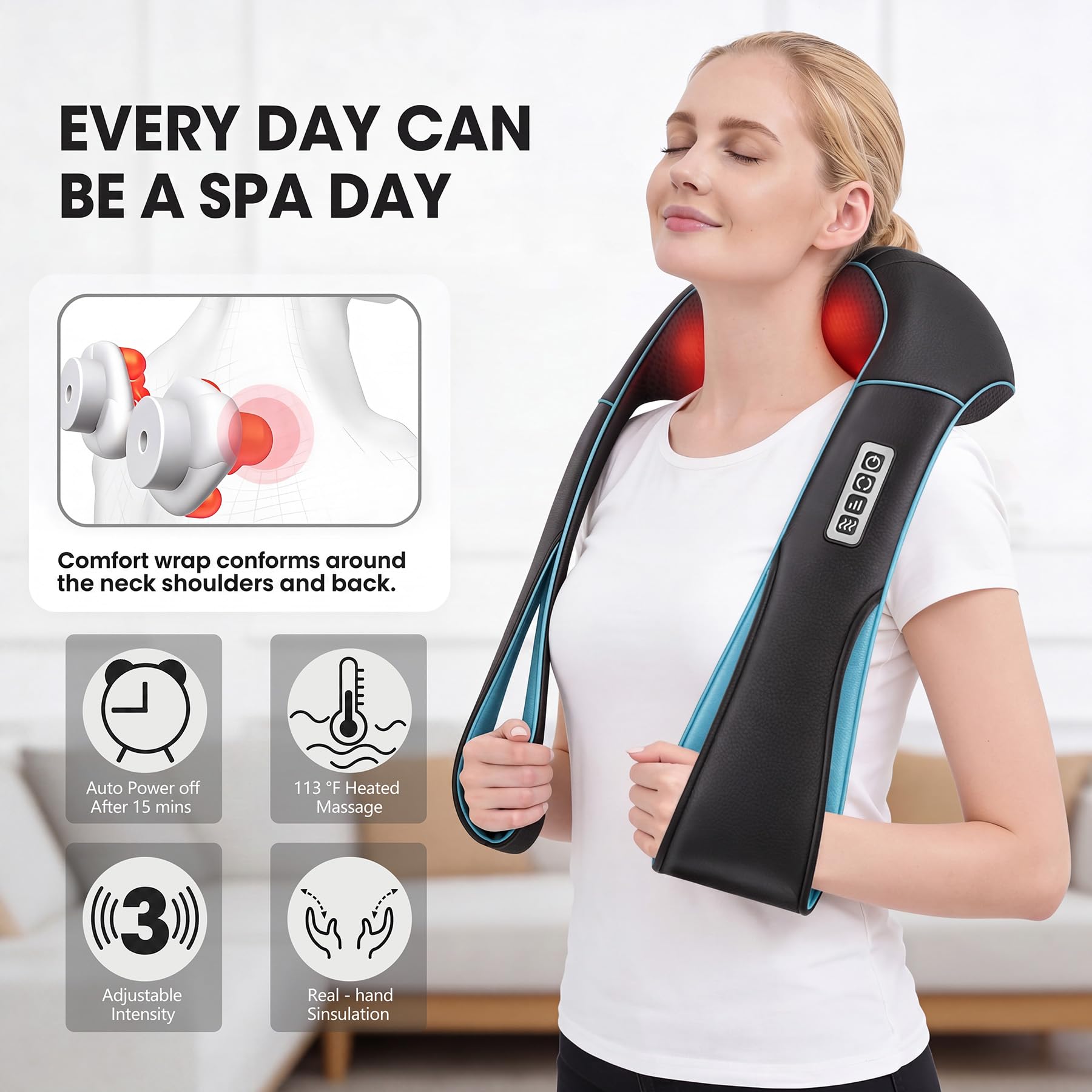 MagicMakers masajeador en uso sobre cuello y hombros, relajación efectiva