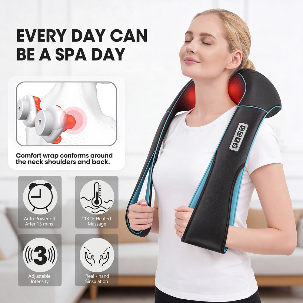 MagicMakers masajeador en uso sobre cuello y hombros, relajación efectiva