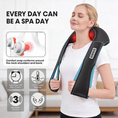 MagicMakers masajeador en uso sobre cuello y hombros, relajación efectiva