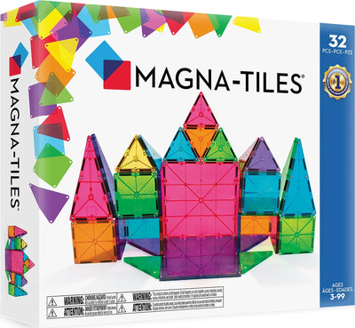 MAGNA-TILES vista frontal del set 32 piezas mostrando colores vibrantes y formas