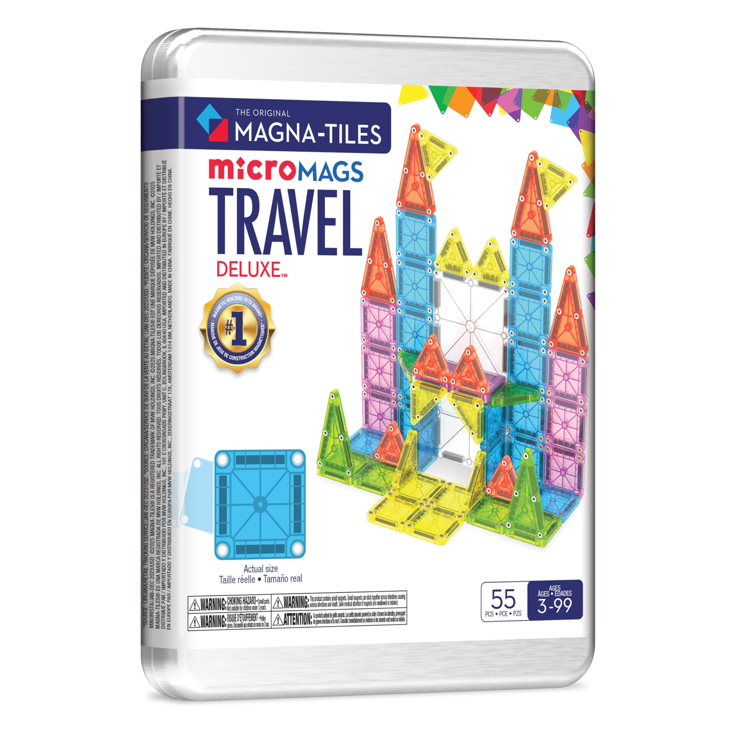 MAGNA-TILES estuche metálico frontal mostrando las 55 piezas y fácil transporte