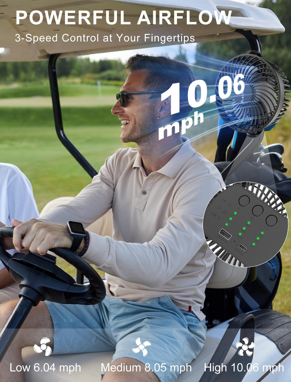 MAGOLFIN ventilador montado en carrito de golf ofreciendo aire fresco