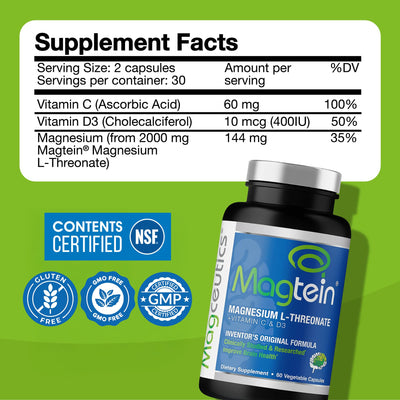 Back of Magtein packaging displaying supplement facts and clean formulation