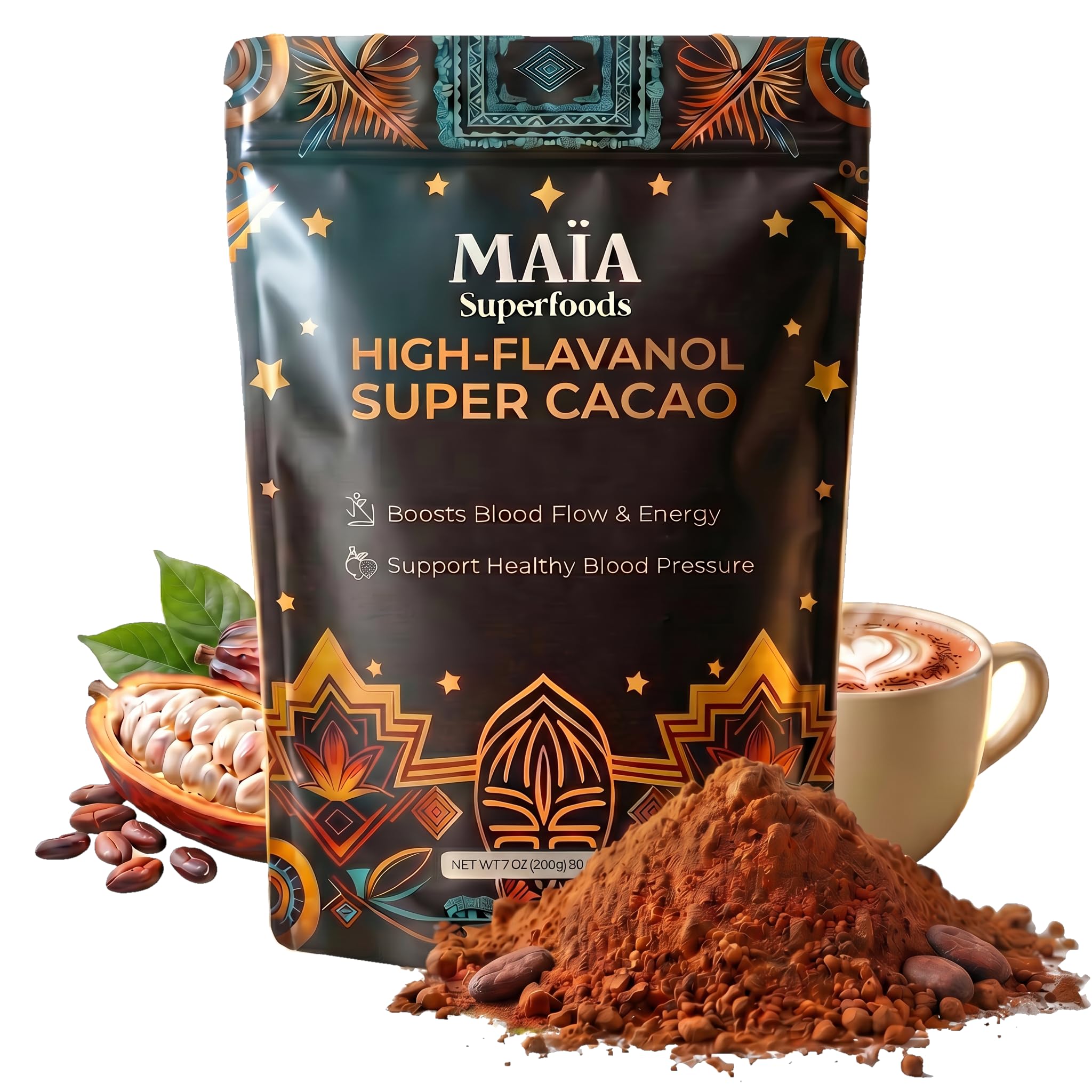 MAÏA SUPERFOODS front packaging showing cacao powder and branding benefits