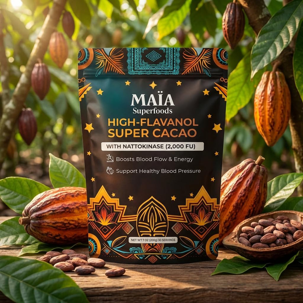 MAÏA SUPERFOODS morning ritual scene promoting calm energy and cardiovascular support