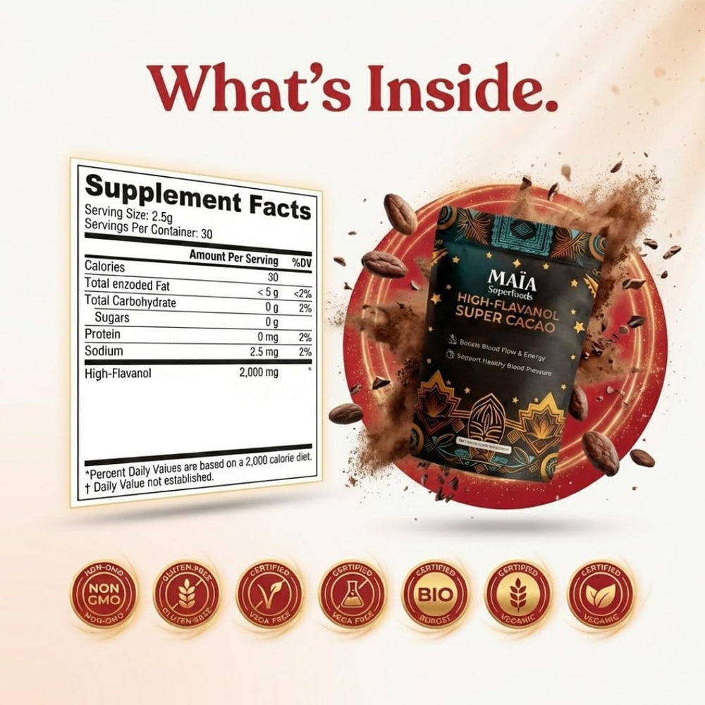 MAÏA SUPERFOODS size comparison showing scale and single-serve portion convenience