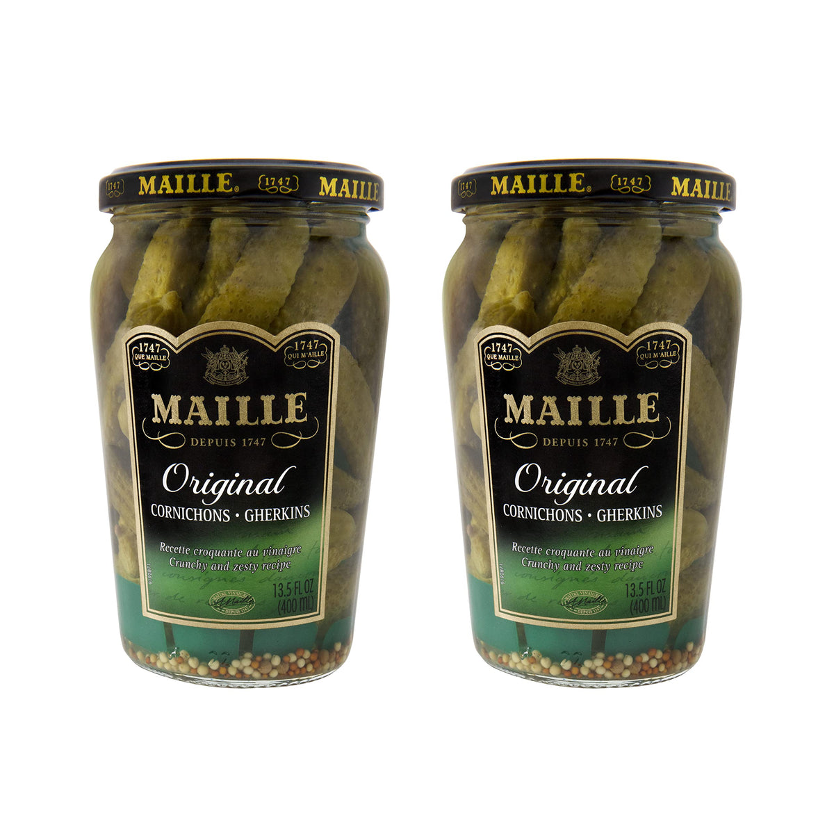 Maille frasco frontal mostrando cornichons crujientes para aperitivos
