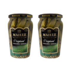 Maille frasco frontal mostrando cornichons crujientes para aperitivos