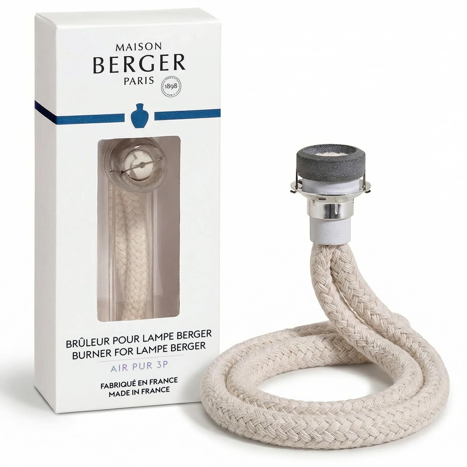 MAISON BERGER quemador frontal mostrando enchufe seguro y ajuste preciso