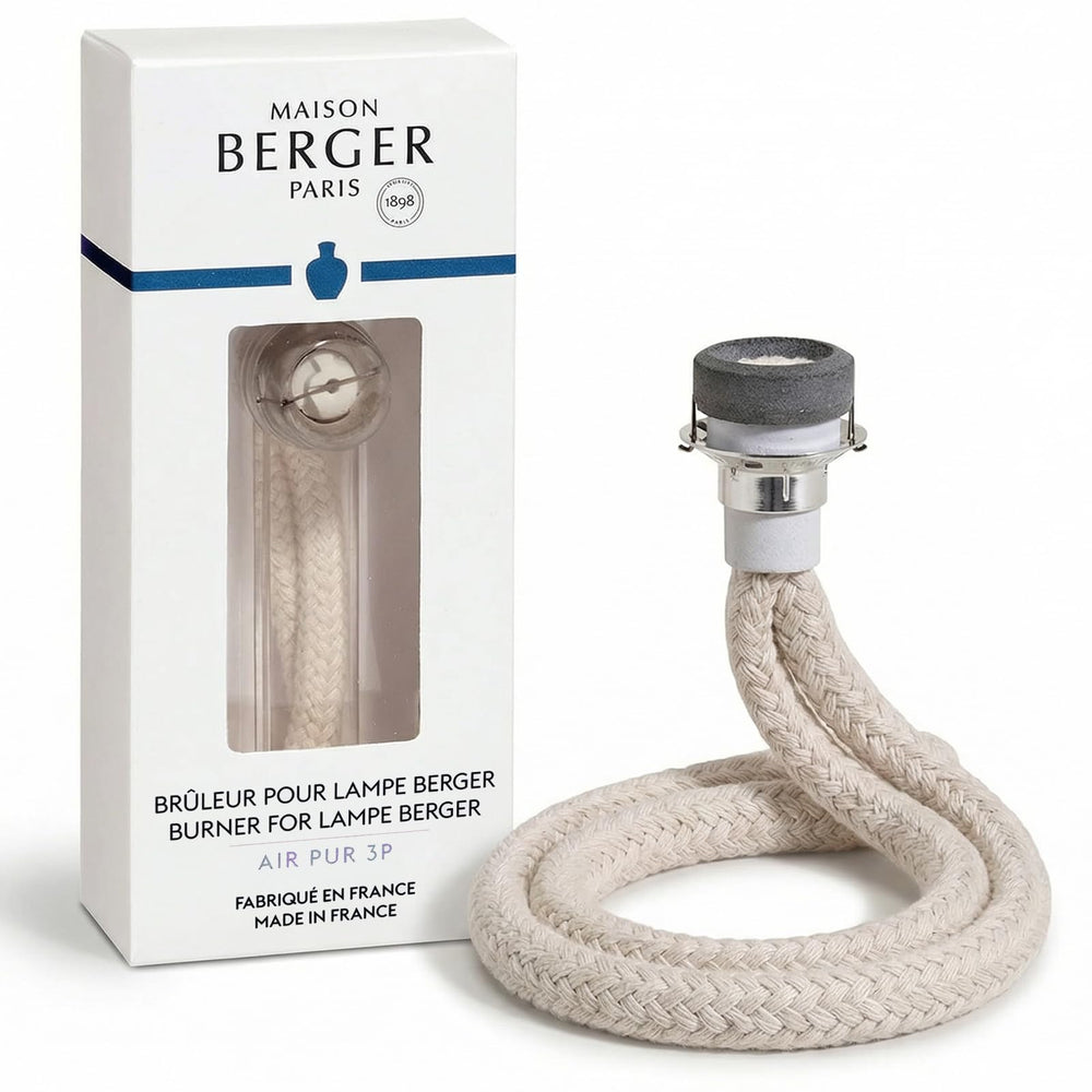 MAISON BERGER quemador frontal mostrando enchufe seguro y ajuste preciso