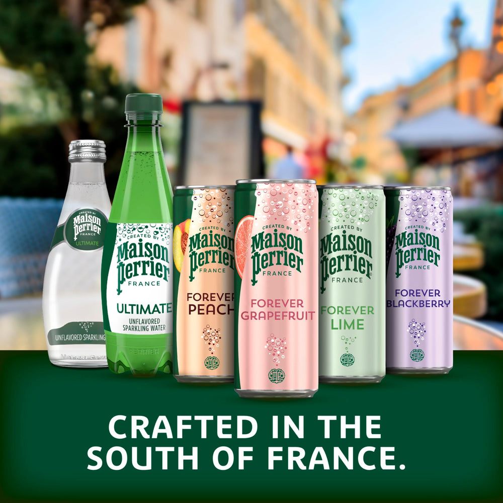 Maison Perrier etiqueta y tapa en primer plano que muestra marca y origen