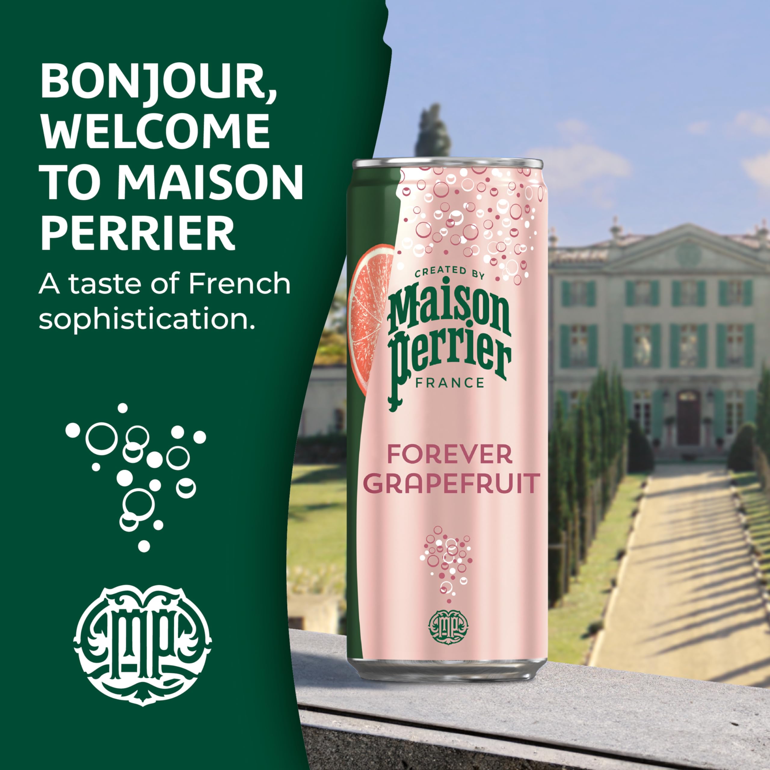 Maison Perrier lata abierta con efervescencia visible que refresca al instante