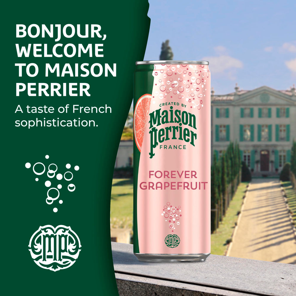 Maison Perrier lata abierta con efervescencia visible que refresca al instante