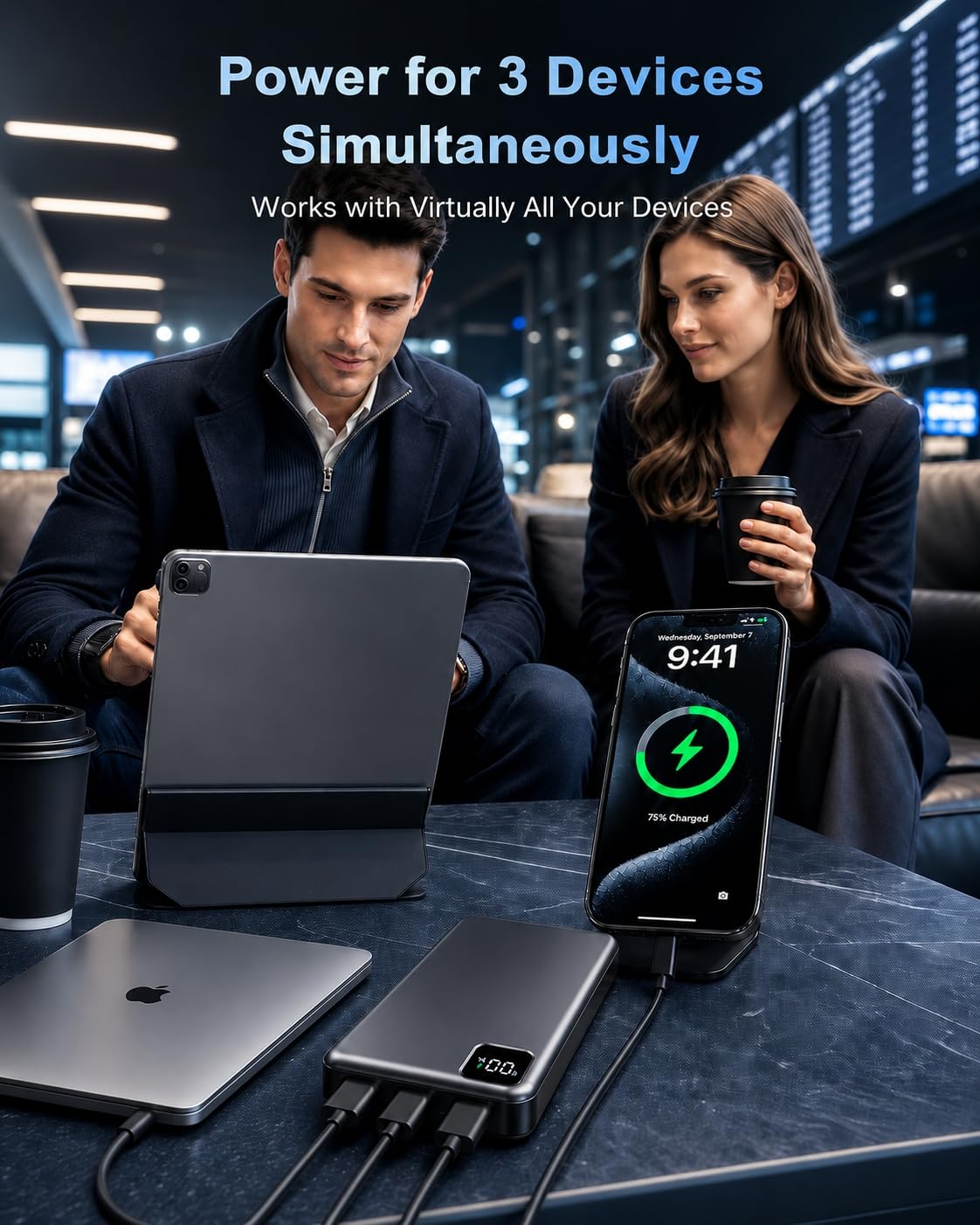 MaiVoz detalle de puertos USB-A y USB-C para carga simultánea segura