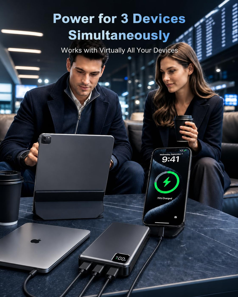 MaiVoz detalle de puertos USB-A y USB-C para carga simultánea segura