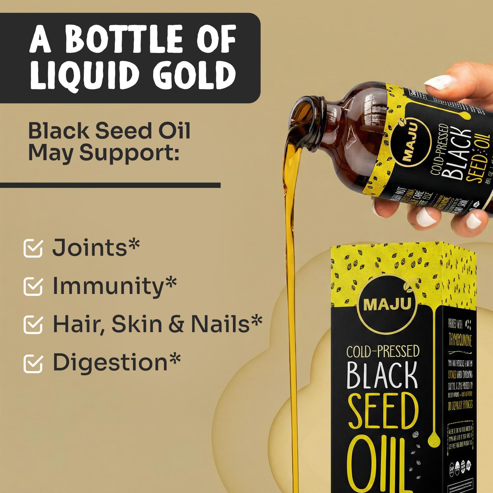 Maju Superfoods etiqueta legible con origen turco y alto timoquinona