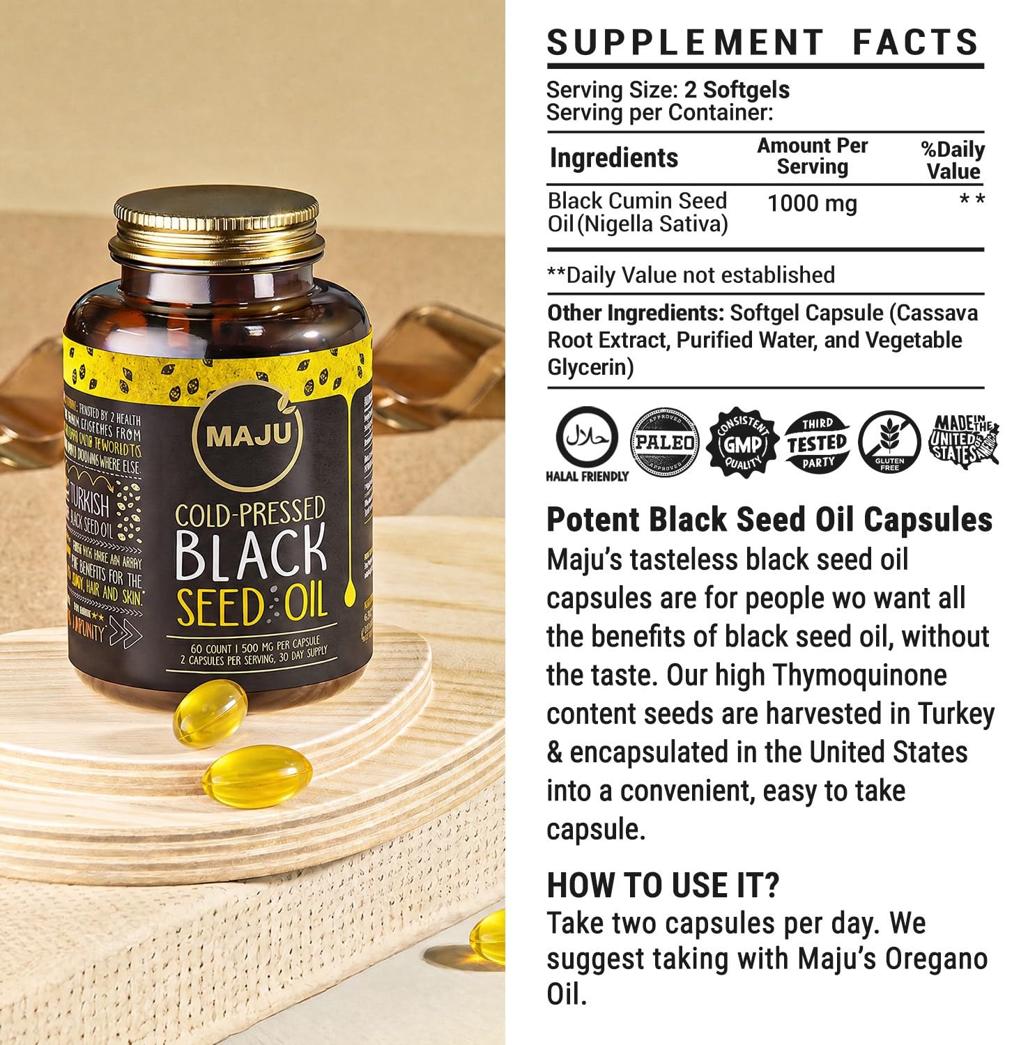 Maju Superfoods cápsula abierta con gota de aceite mostrando pureza