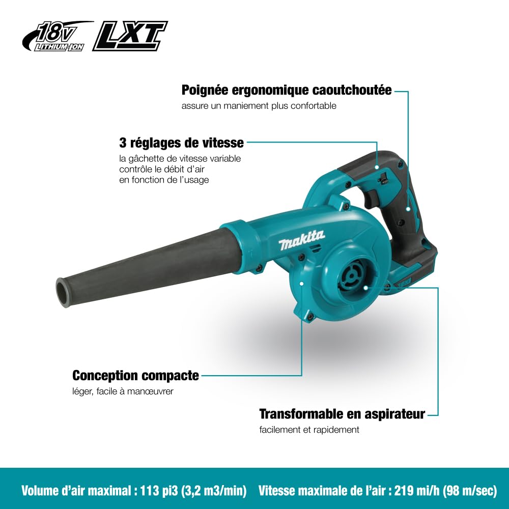 Makita DUB185Z en uso en jardín limpiando hojas con maniobrabilidad