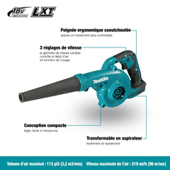 Makita DUB185Z en uso en jardín limpiando hojas con maniobrabilidad
