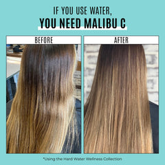 Malibu C en uso en la ducha eliminando acumulación mineral