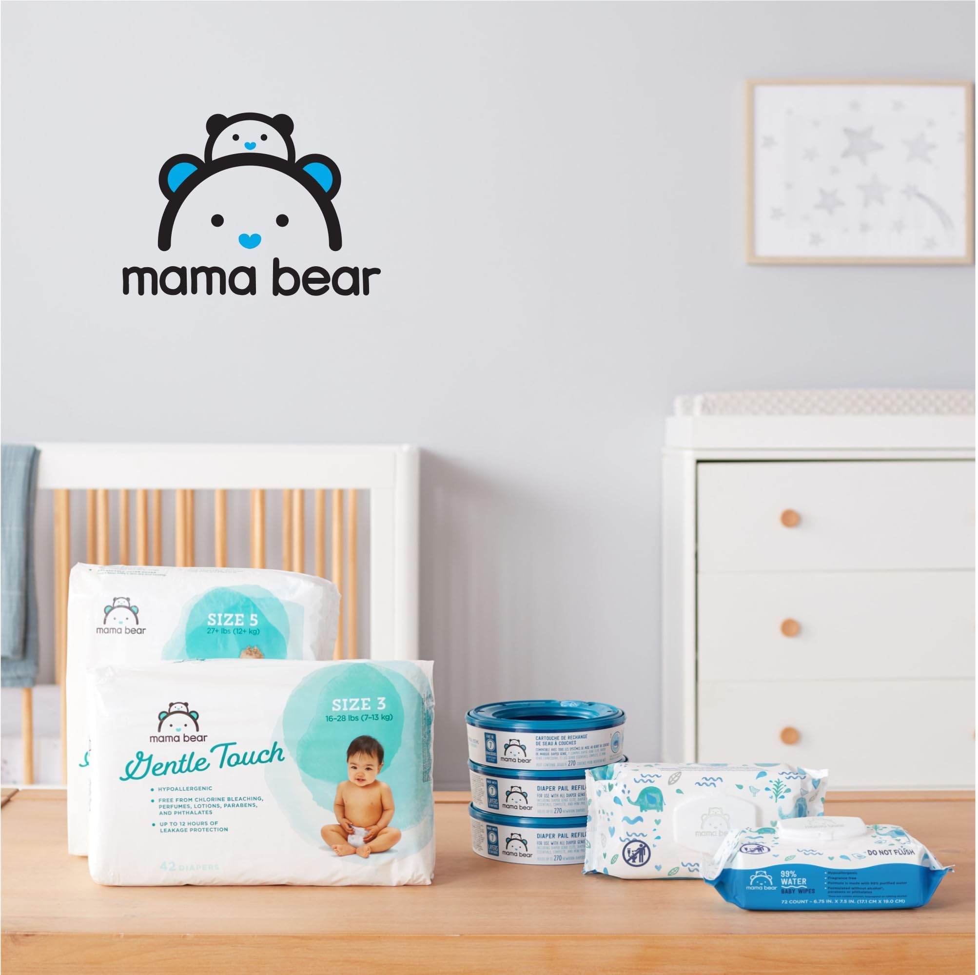 Mama Bear escena en cambiador con bebé mostrando uso seguro y cómodo