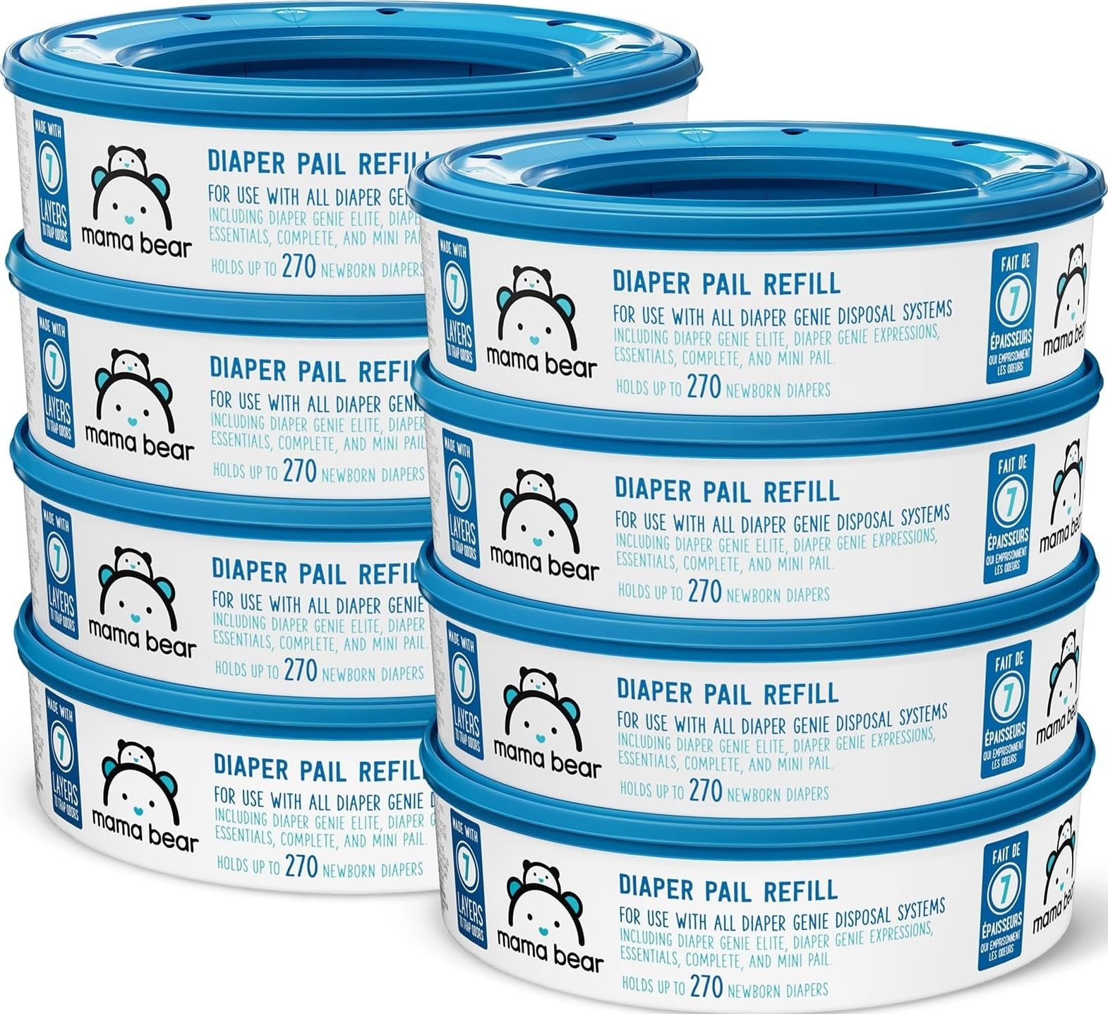 Mama Bear frente del empaque mostrando cantidad total y compatibilidad Diaper Genie