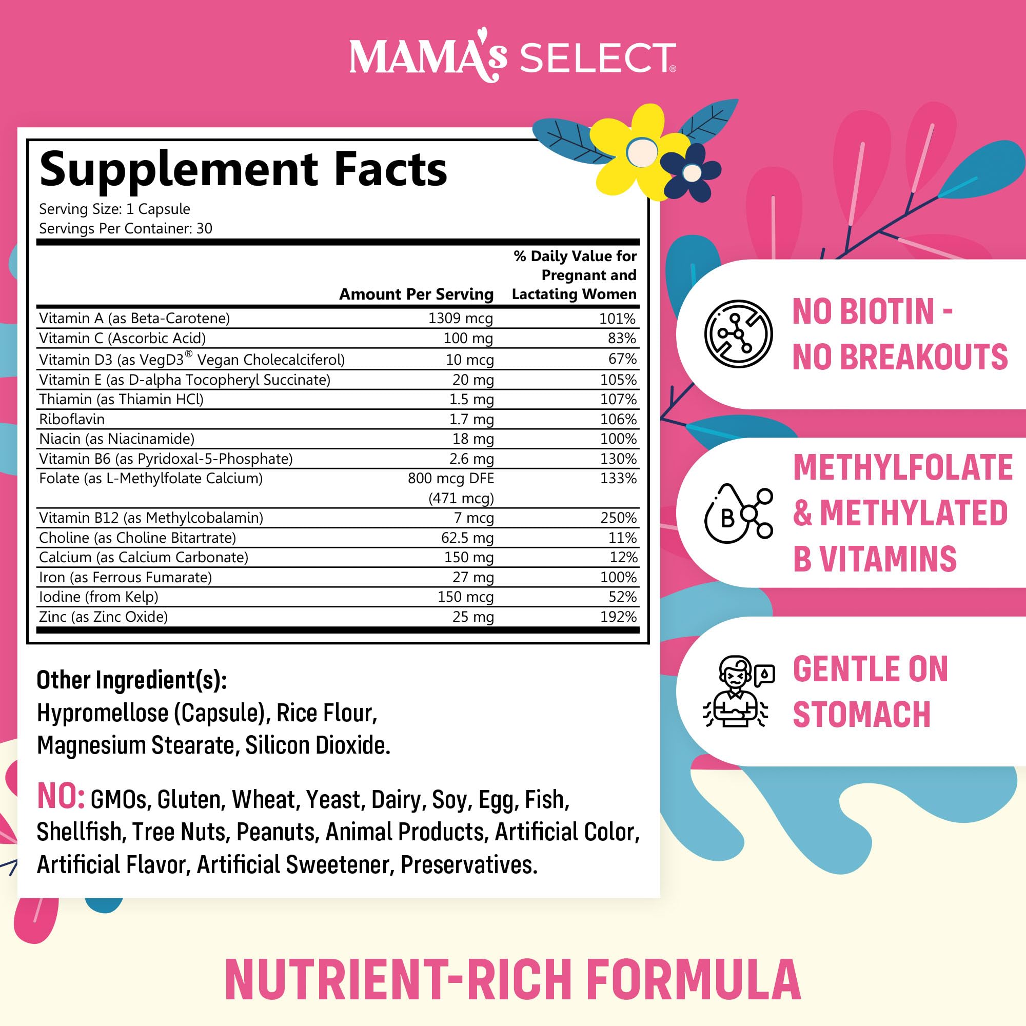Mama's Select primer plano de cápsula pequeña, cómoda para tragar