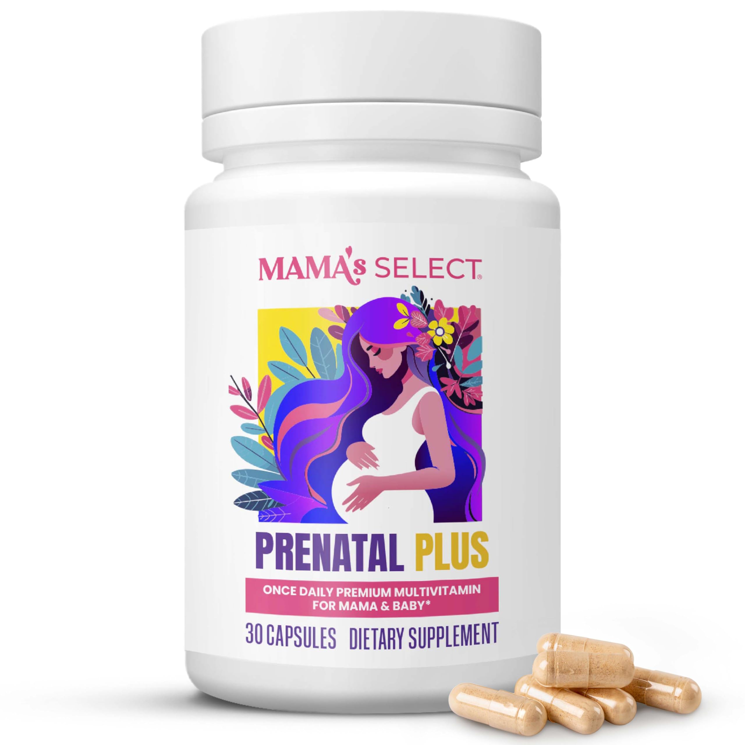 Mama's Select frente del empaque mostrando fórmula prenatal y beneficios