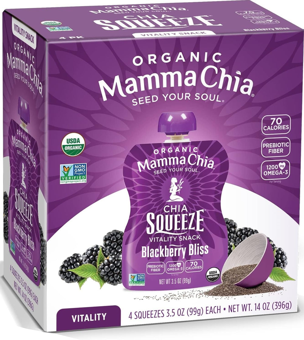 Mamma Chia vista frontal del paquete Blackberry Bliss, fácil y nutritivo
