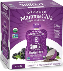 Mamma Chia vista frontal del paquete Blackberry Bliss, fácil y nutritivo