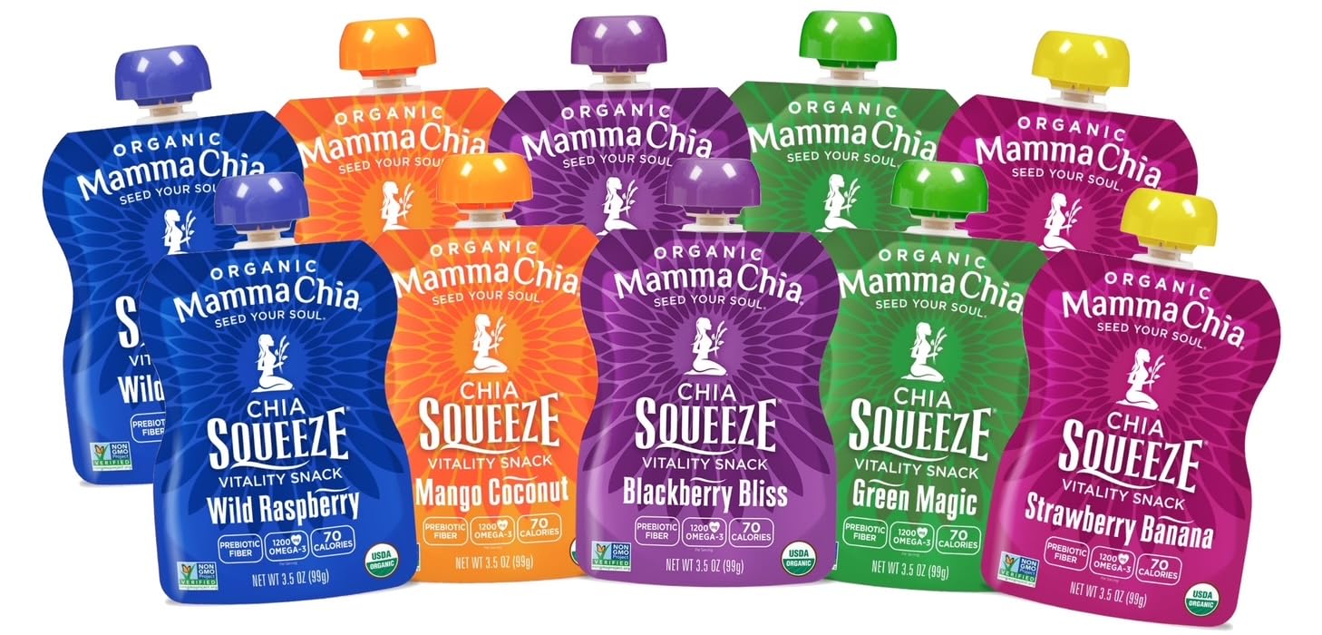 Mamma Chia pack frontal mostrando los pouches y variedad de sabores beneficios energéticos